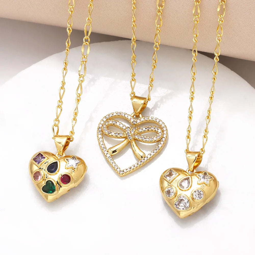 Women’s exclusive jewelry necklace-201 Stainless Steel Copper 18K Gold Plated Inlay Heart Shape Bow Knot Zircon Pendant Necklace