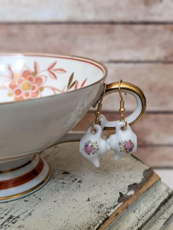 Women's heart-shaped earrings-Beautiful Floral Tea Pot Earrings