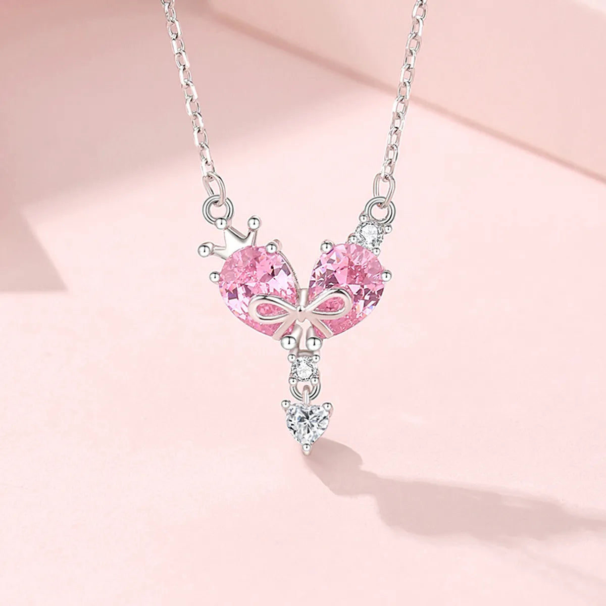 Women’s infinity necklace-Ig Style Shiny Heart Shape Crown Bow Knot Sterling Silver Polishing Plating Inlay Zircon Pendant Necklace