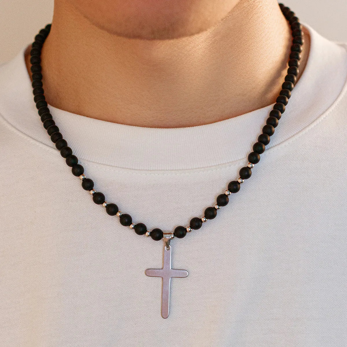 Trendy women’s necklace-Simple Style Classic Style Cross Natural Stone Titanium Steel Beaded Men'S Pendant Necklace