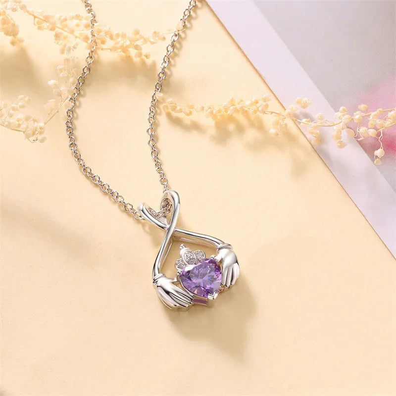 Women’s personalized necklace-Elegant Lady Classic Style Hand Heart Shape Crown Copper Inlay Zircon Pendant Necklace