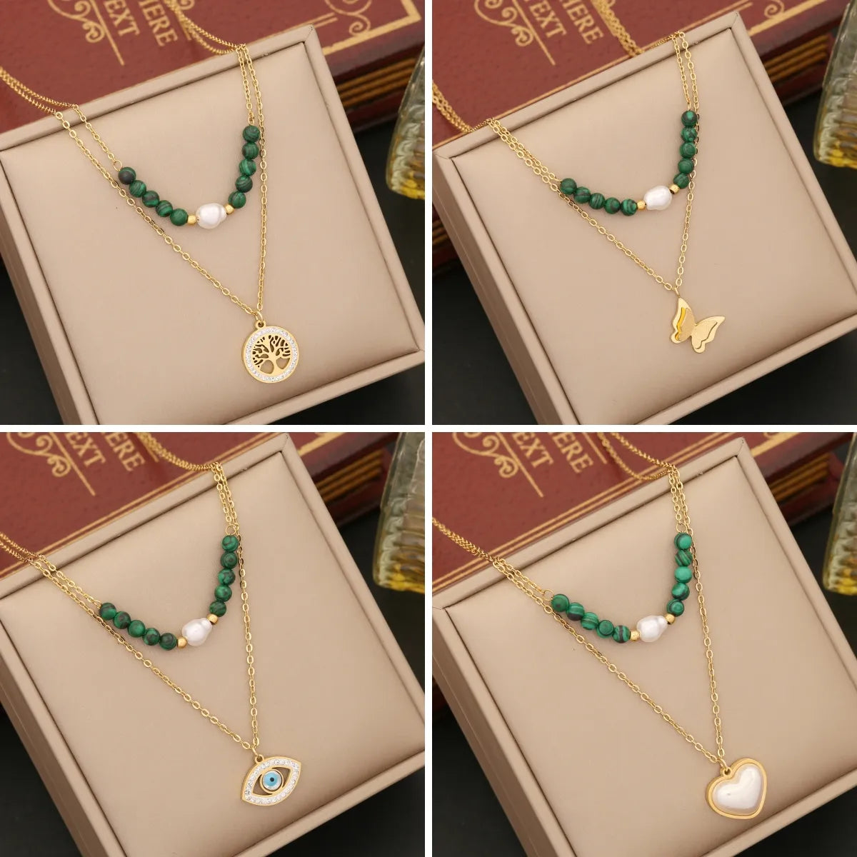 Women’s pearl drop necklace-Wholesale Retro Tree Heart Shape Eye Stainless Steel Malachite Inlay 18K Gold Plated Artificial Diamond Pearl Layered Necklaces