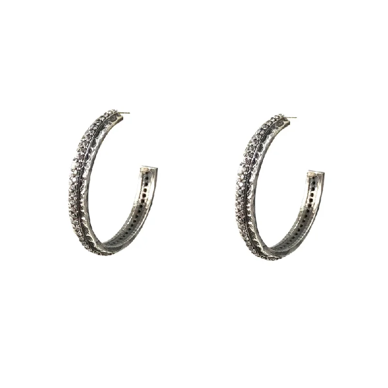 Women's colorful stud earrings-VINTAGE SILVER EGY CRYSTAL THIN HOOPS