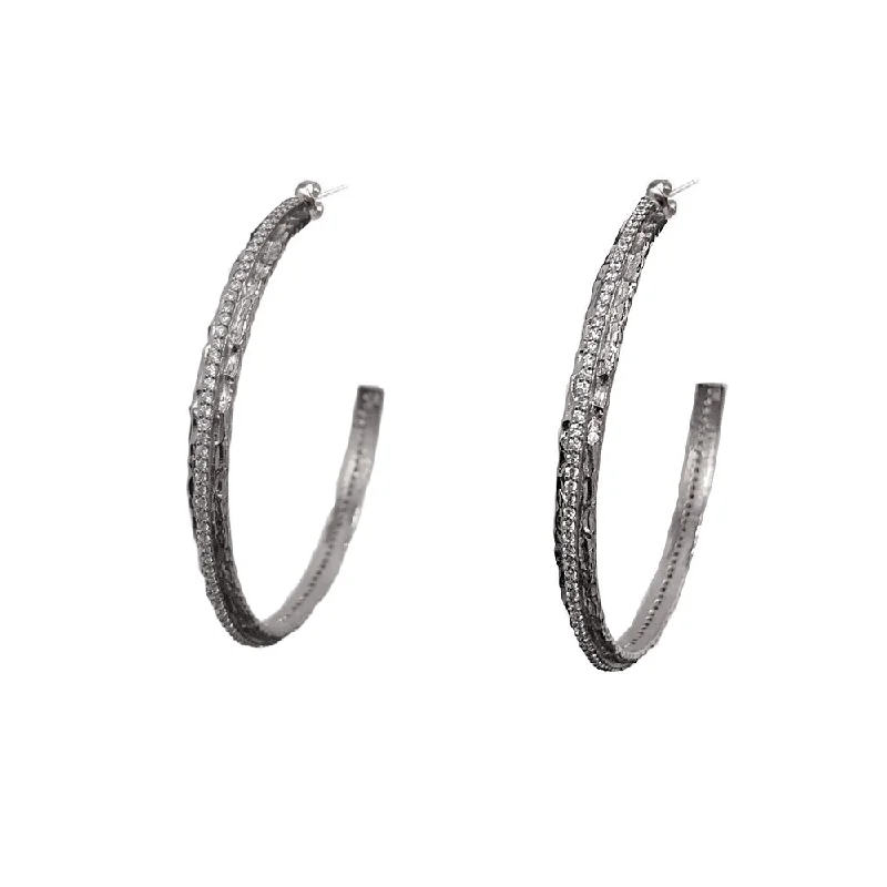 Women's sparkly earrings-VINTAGE SILVER EGY CRYSTAL THIN HOOPS 2”