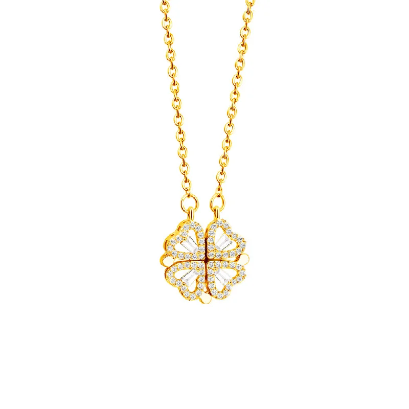 Golden Four-Leaf Clover Diamond-Studded Necklace