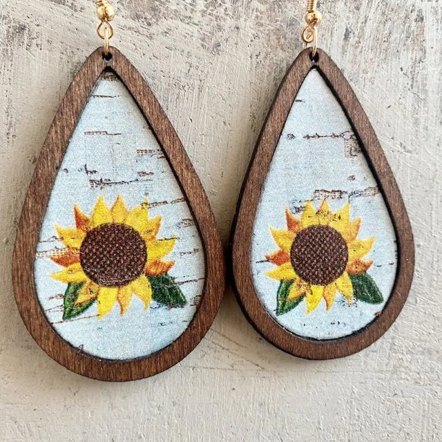 Women's rainbow earrings-Beautiful Wood and Cork Sunflower Earrings