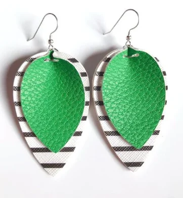 Women's colorful earrings-Green Striped Leather Drop Earrings