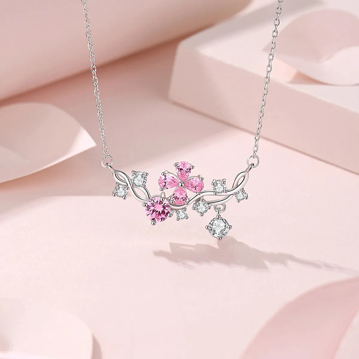 Women’s gold necklace-Shiny Flower Sterling Silver Polishing Plating Inlay Zircon Necklace