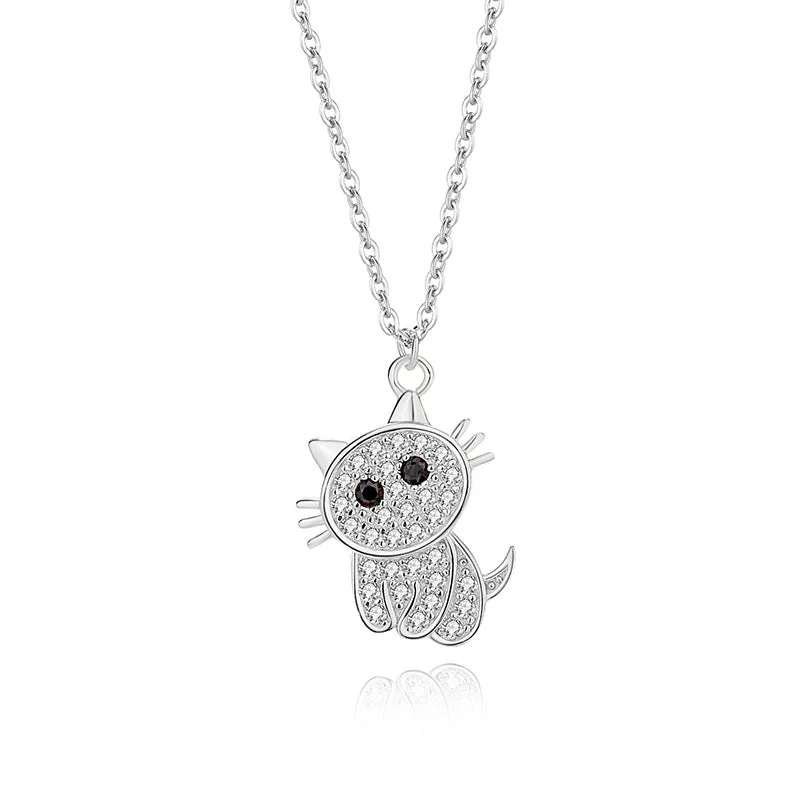 Women’s necklace gift-Cute Cat Sterling Silver Polishing Plating Inlay Zircon Pendant Necklace