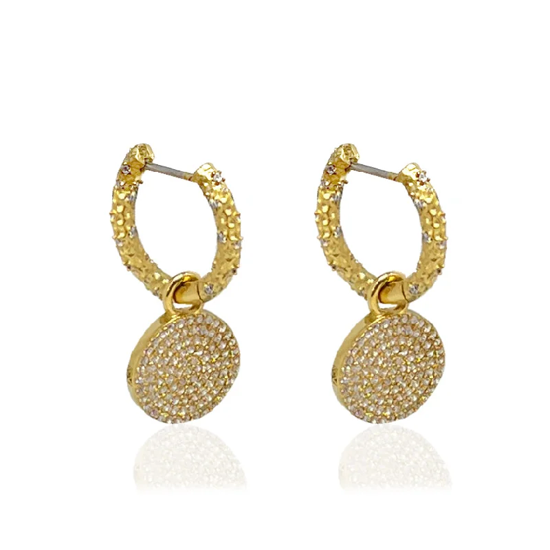 Women's statement stud earrings-GOLD CRYSTAL HUGGIES WITH SLIDE ON PAVE DISC