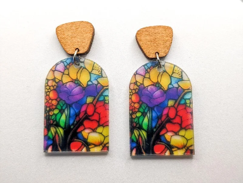 Women's dangling chandelier earrings-Beautiful Wood and Stained Glass Effect Earrings