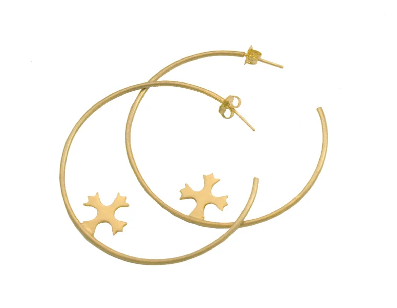 Women's nature-inspired earrings-2" GOLD TREASURE TROVE HOOP WITH MALTESE CROSS