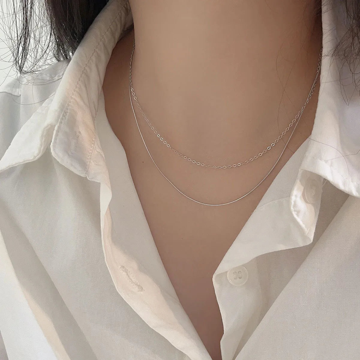 Women’s silver necklace-Simple Style Solid Color Sterling Silver Plating White Gold Plated Double Layer Necklaces