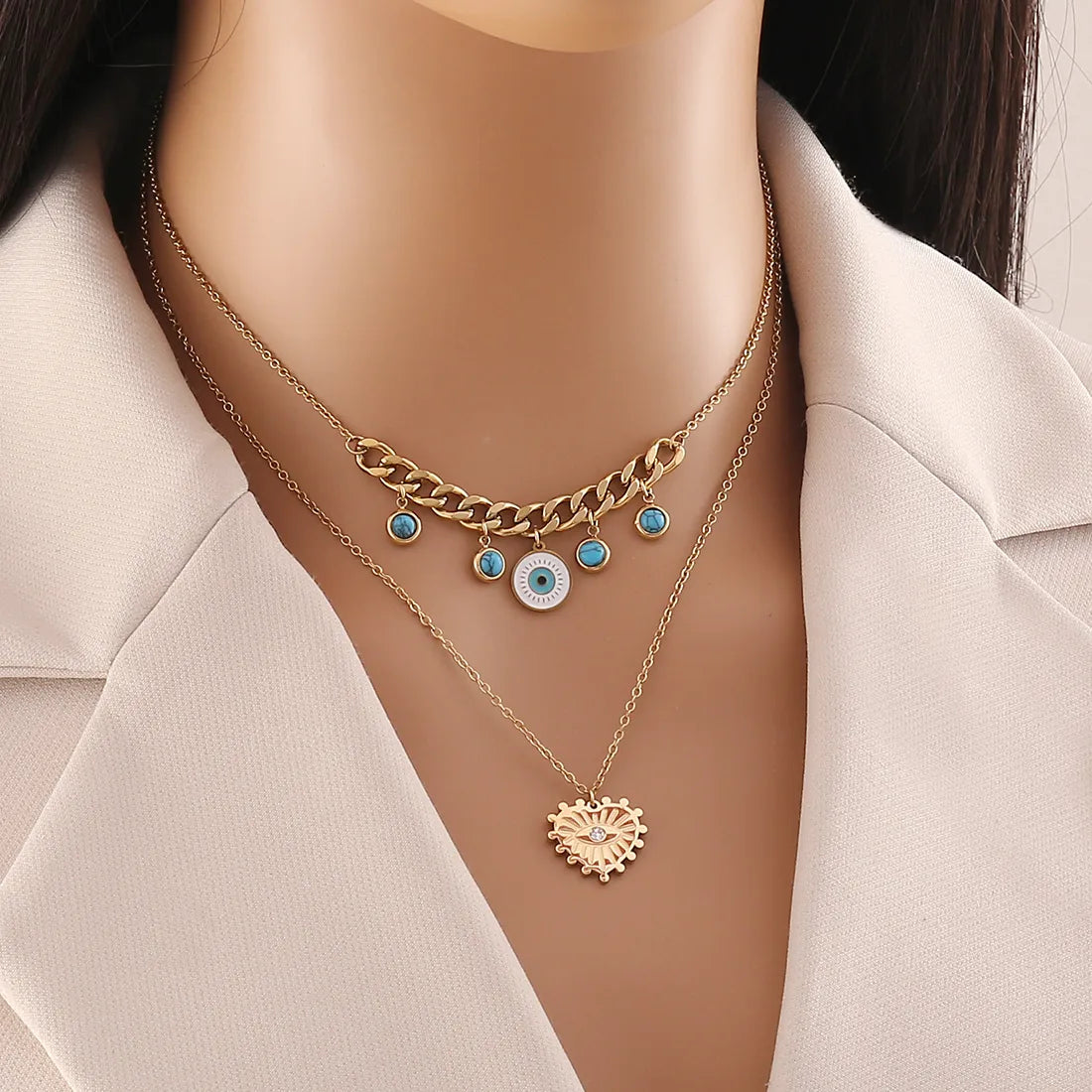 Women’s necklace styling-304 Stainless Steel Copper 18K Gold Plated Plating Inlay Eye Zircon Double Layer Necklaces