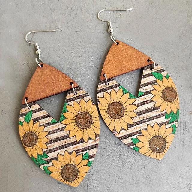 Women's large hoop earrings-Beautiful Wood Sunflower Striped Earrings