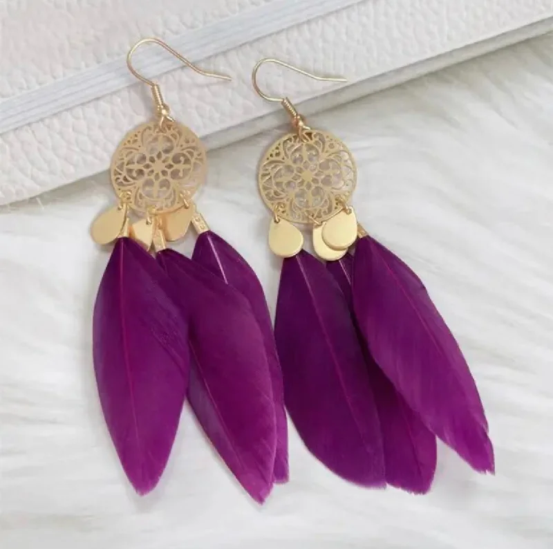 Women's contemporary earrings-Beautiful Gold and Purple Feather Earrings