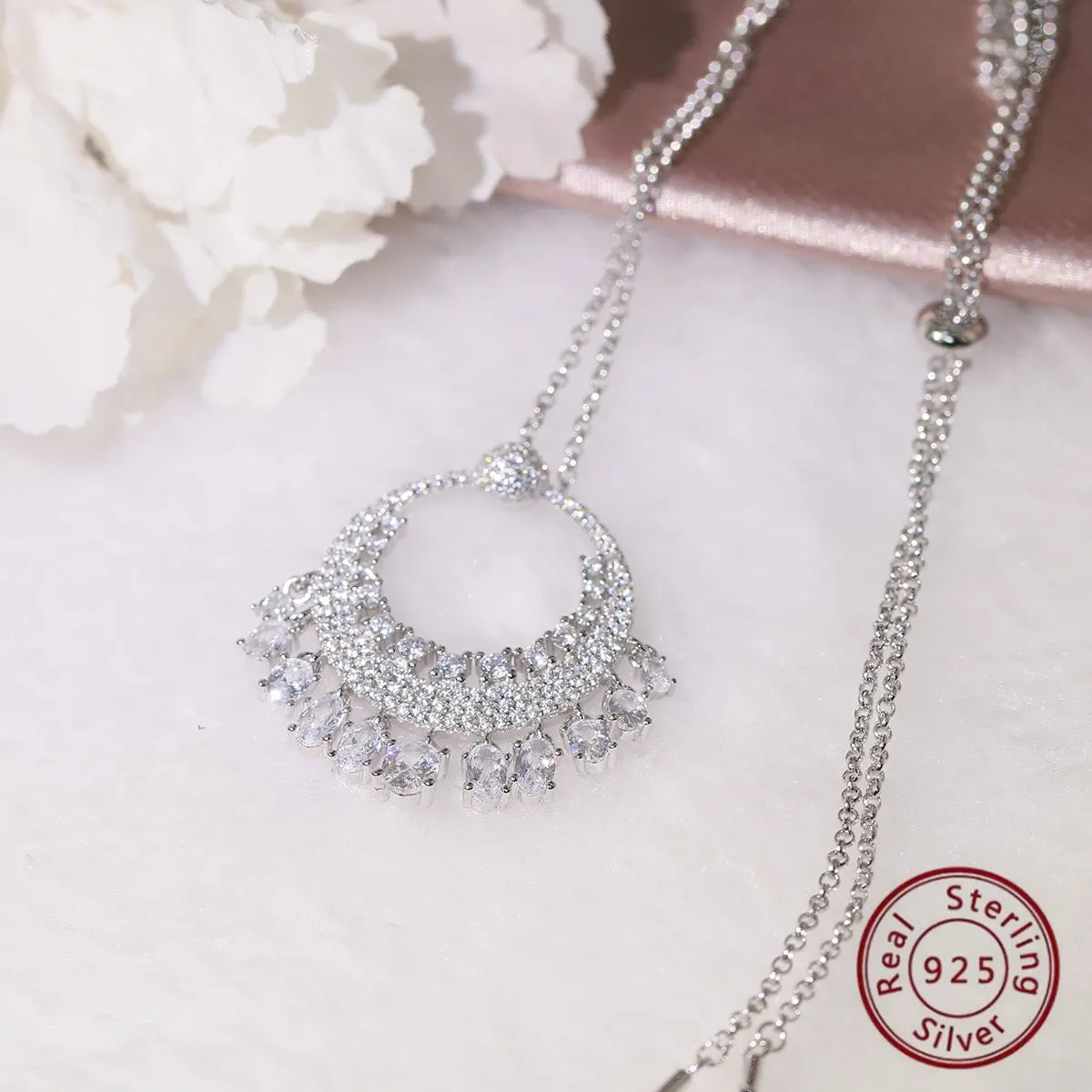 Women’s necklace price-Elegant Circle Sterling Silver Plating Hollow Out Inlay Zircon White Gold Plated Rhodium Plated Pendant Necklace