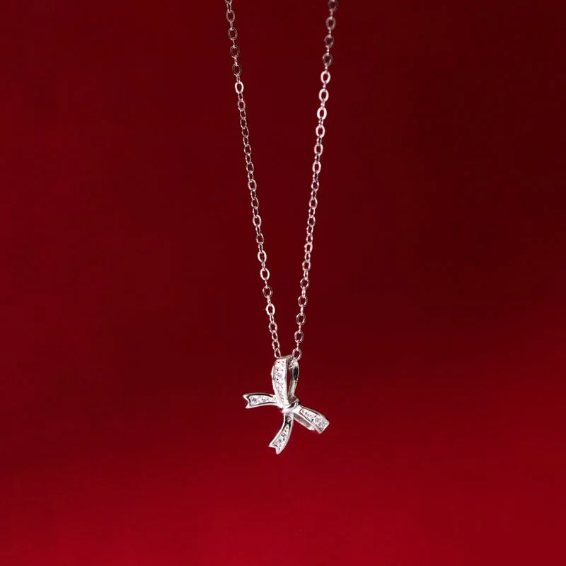 Women’s unique charm necklace-Sterling Silver Basic Simple Style Classic Style Bow Knot Inlay Zircon Pendant Necklace