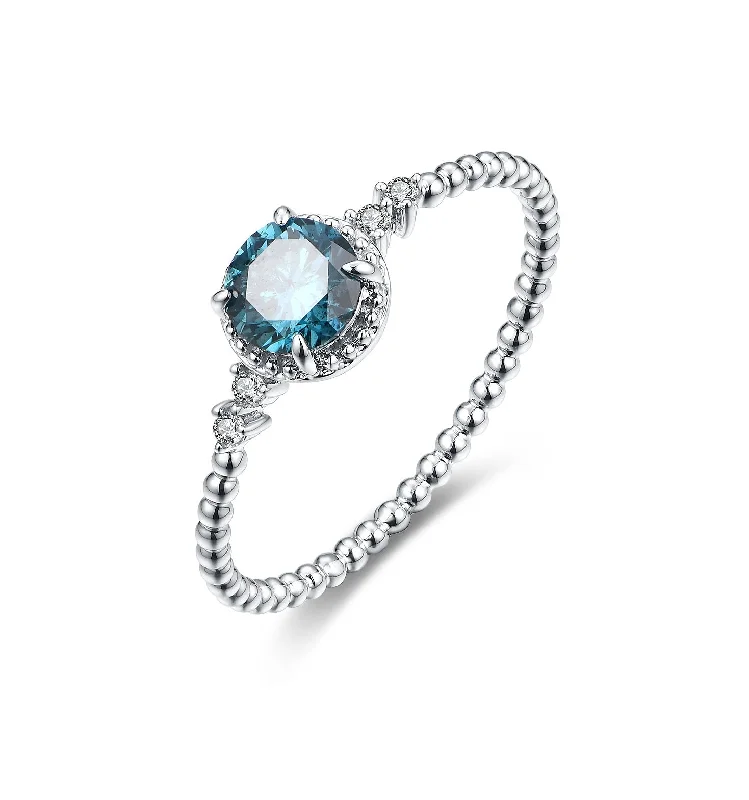 Women’s two-tone engagement ring-Round Blue Diamond Beaded Ring