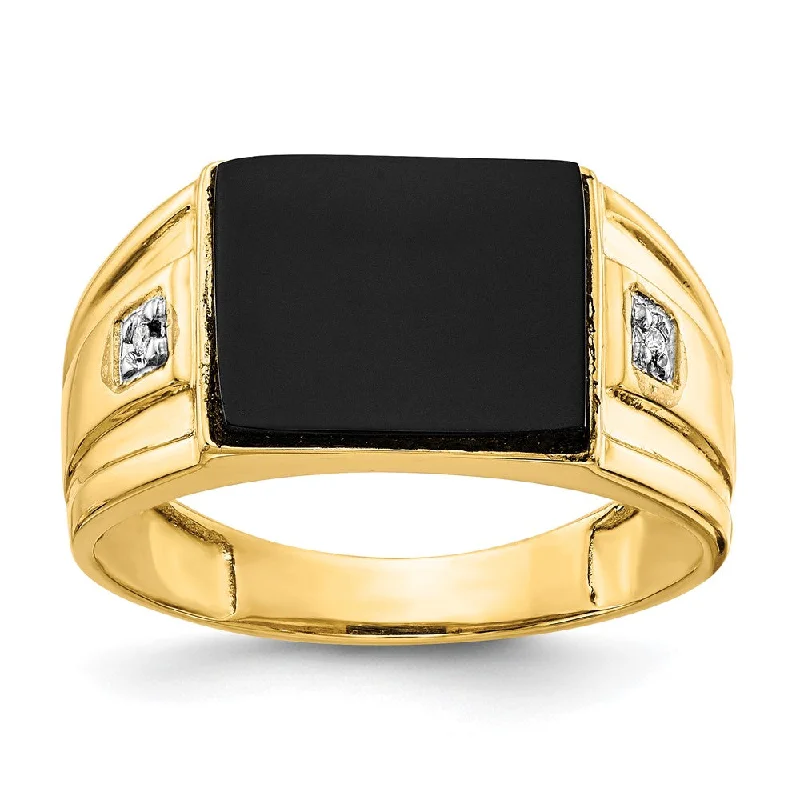 Women’s classic jewelry rings-Solid 14k Yellow Gold Men's Simulated Onyx and CZ Ring