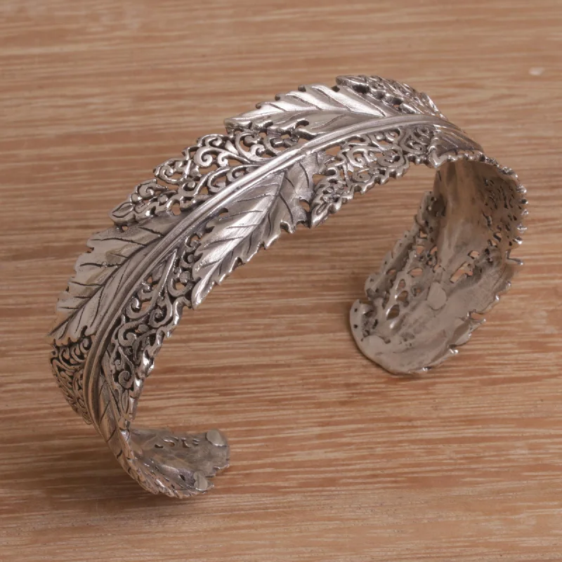 Women's vintage bangle-Flawless Leaves Leaf Motif Sterling Silver Cuff Bracelet from Bali