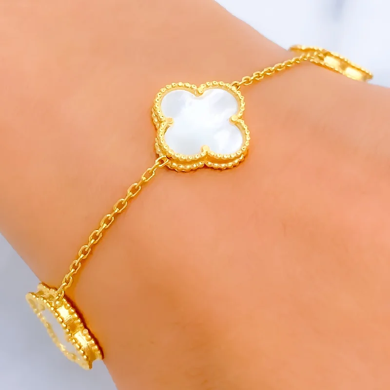 Women's classic bracelet-Graceful 22k Gold Mother Of Pearl Clover Bracelet