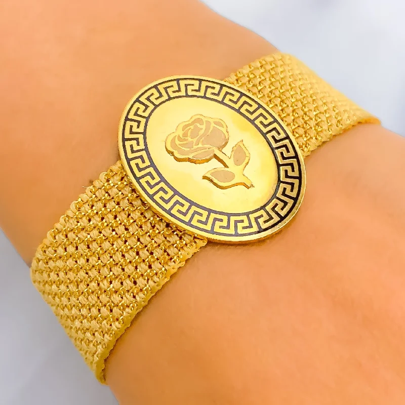 Women's personalized bracelet-Palatial Oval Flower 21k Gold Bracelet