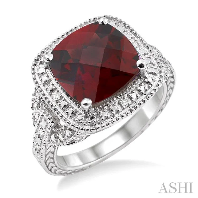 Women’s simple engagement ring-10x10mm Cushion Cut Garnet and 1/20 Ctw Single Cut Diamond Ring in Sterling Silver