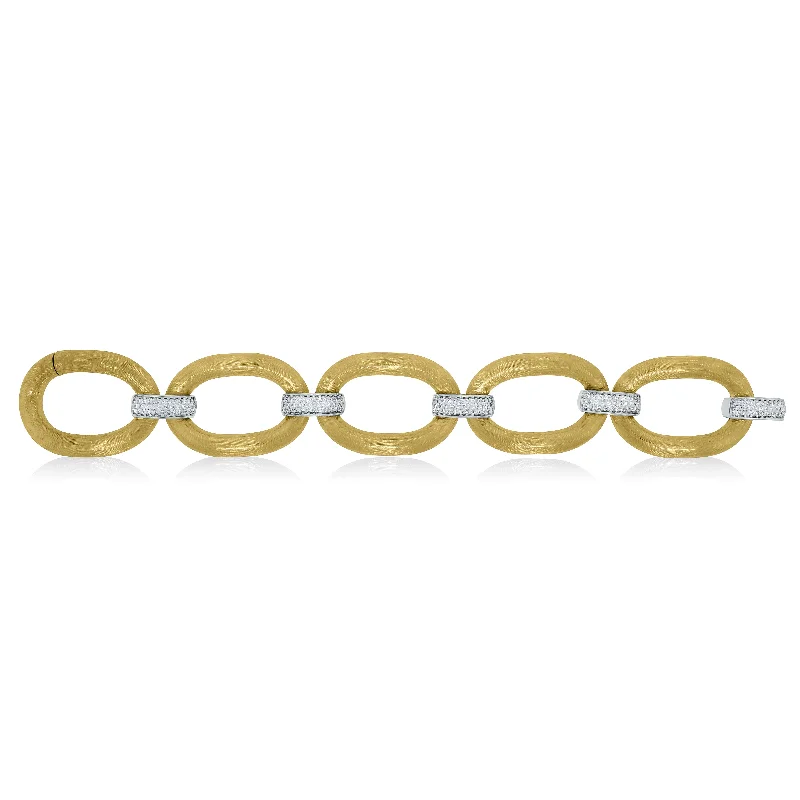 Women's lucky charm bracelet-Textured Gold & Diamond Link Broad Bracelet (1.56 ct Diamonds) in Gold