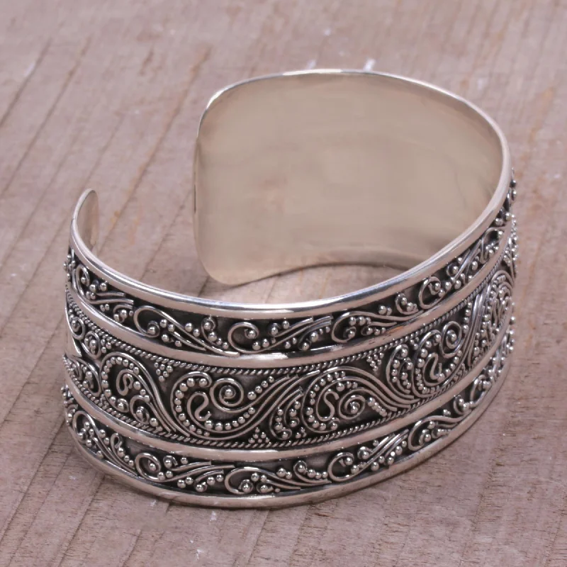 Women's heart-shaped bracelet-Temple Vine Intricate Sterling Silver Cuff Bracelet from Bali