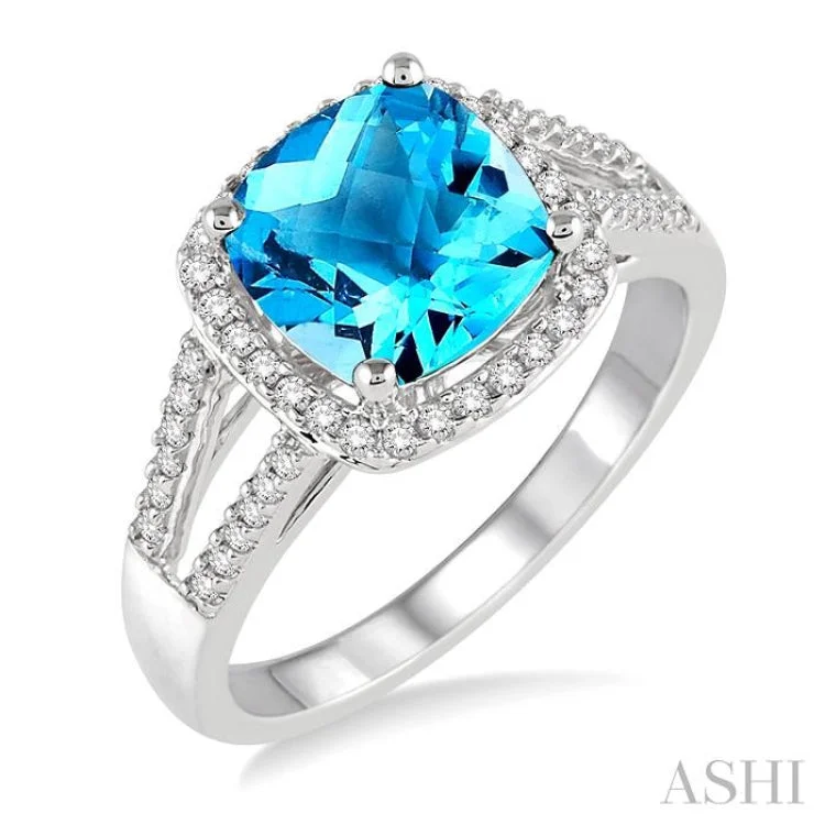 Women’s alternative engagement ring-8x8 MM Cushion Cut Blue Topaz and 1/4 Ctw Round cut Diamond Ring in 10K White Gold