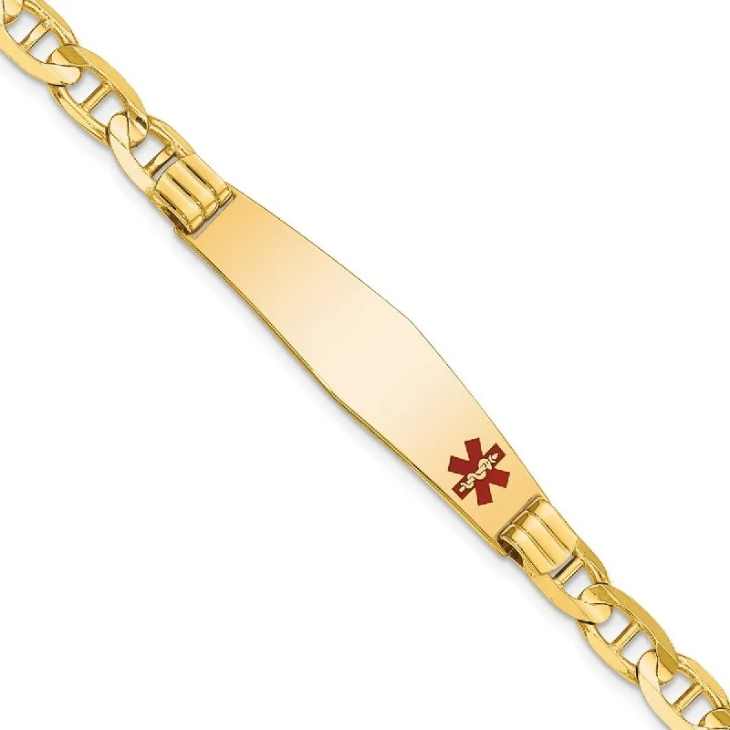 Women's heart bangle-Curata 14k Yellow Gold 10.3mm Engravable Medical Red Enamel Mariner Anchor ID Bracelet