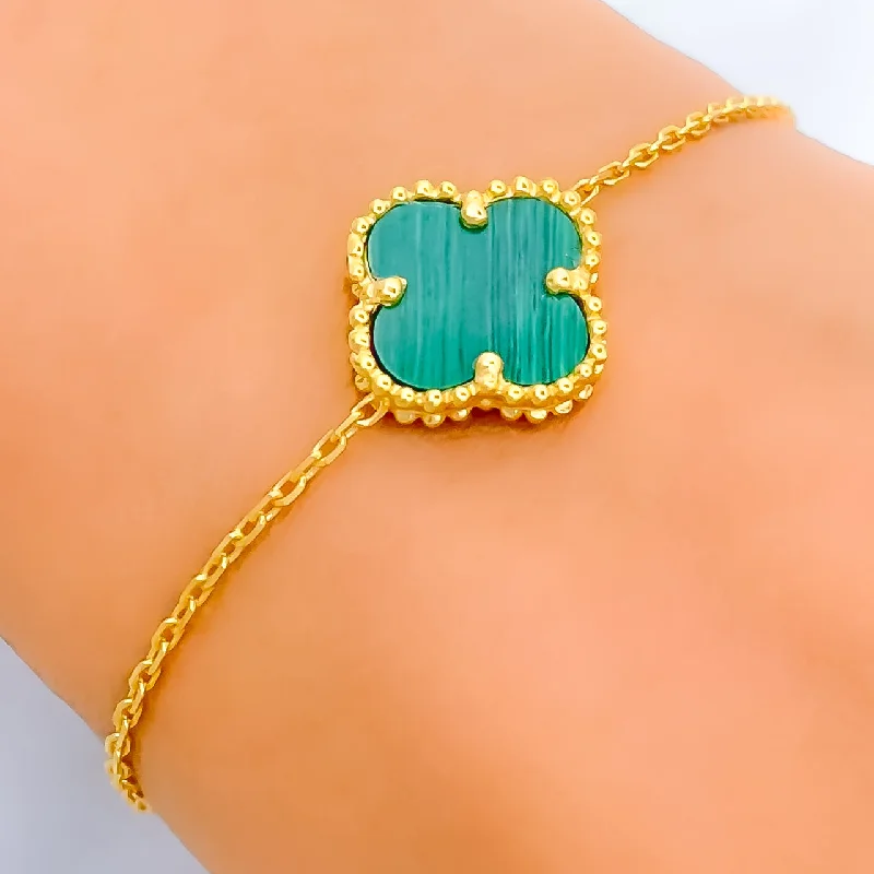 Women's cuff bracelet set-Dressy Malachite 21k Gold Clover Bracelet