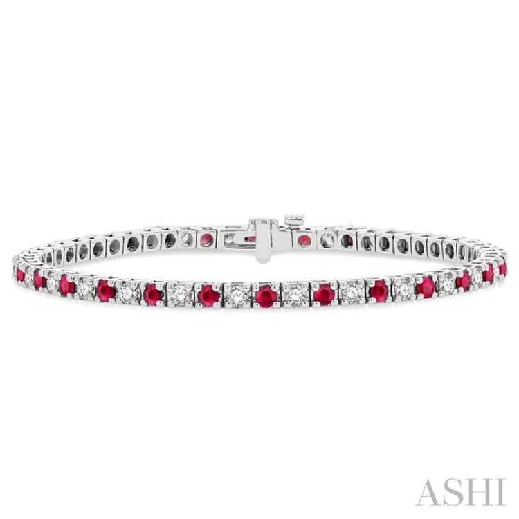 Women's personalized bangles-1 1/2 ctw Square Box Link 2.5MM Ruby and Round Cut Diamond Precious Tennis Bracelet in 14K White Gold