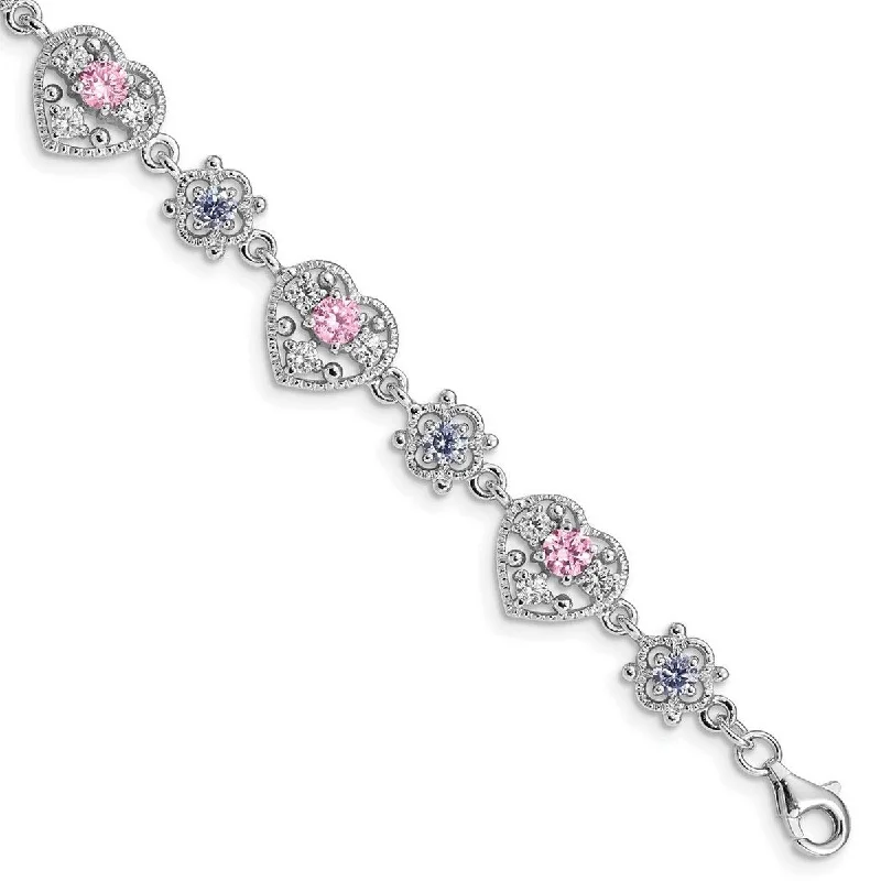 Women's sporty bracelet-Curata 925 Sterling Silver Polished Fancy Lobster Closure 7inch Lavender and Pink CZ Cubic Zirconia Simulated Diamond Bracelet