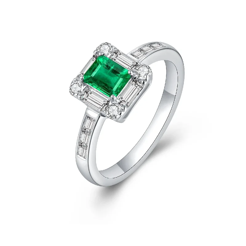 Women’s diamond halo ring for engagement-Natural Emerald and White Diamond Ring