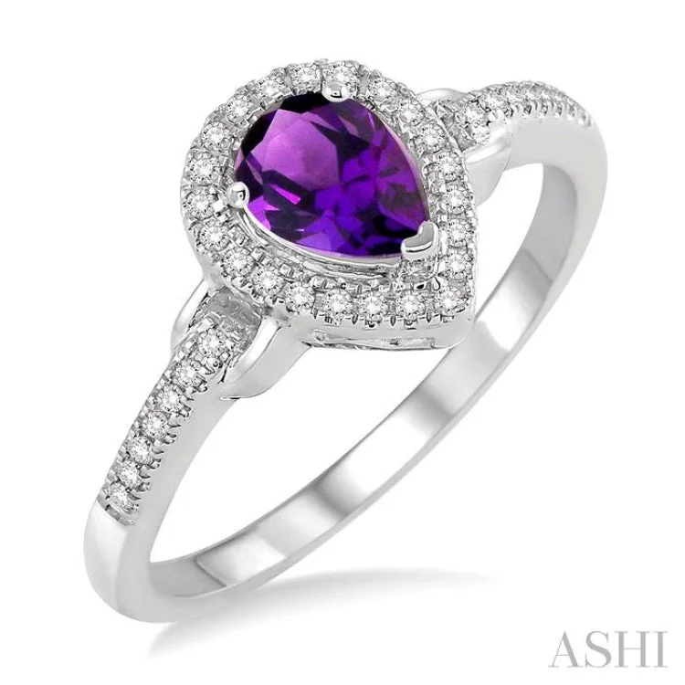 Women’s classic solitaire engagement ring-7x5 MM Pear Shape Amethyst and 1/6 Ctw Round Cut Diamond Ring in 10K White Gold