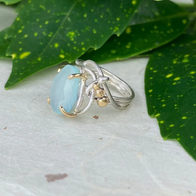 Women’s distinctive ring design-Silver and Gold Chrysoprase Wrap Ring