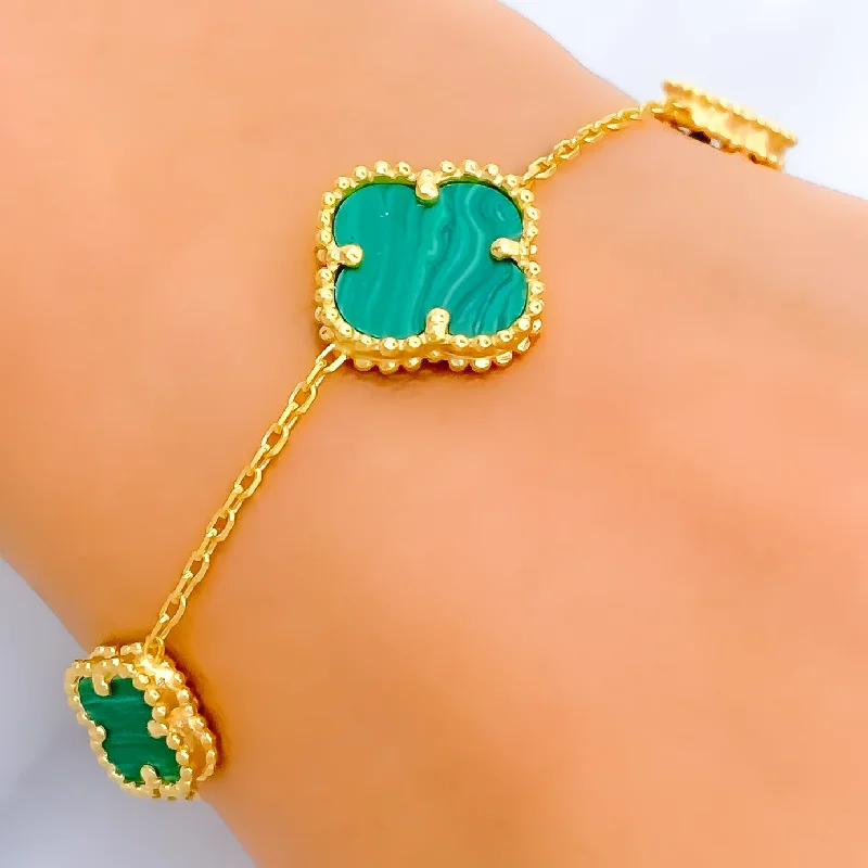 Women's custom bracelet design-Gorgeous Malachite 21k Gold Three Clover Bracelet