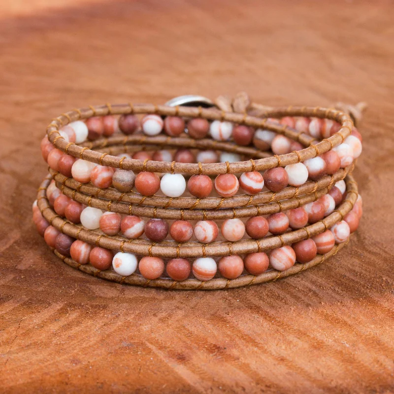 Women's cuff bangles-Cozy Brown Thai Jasper and Leather Cord Bracelet with Silver Clasp