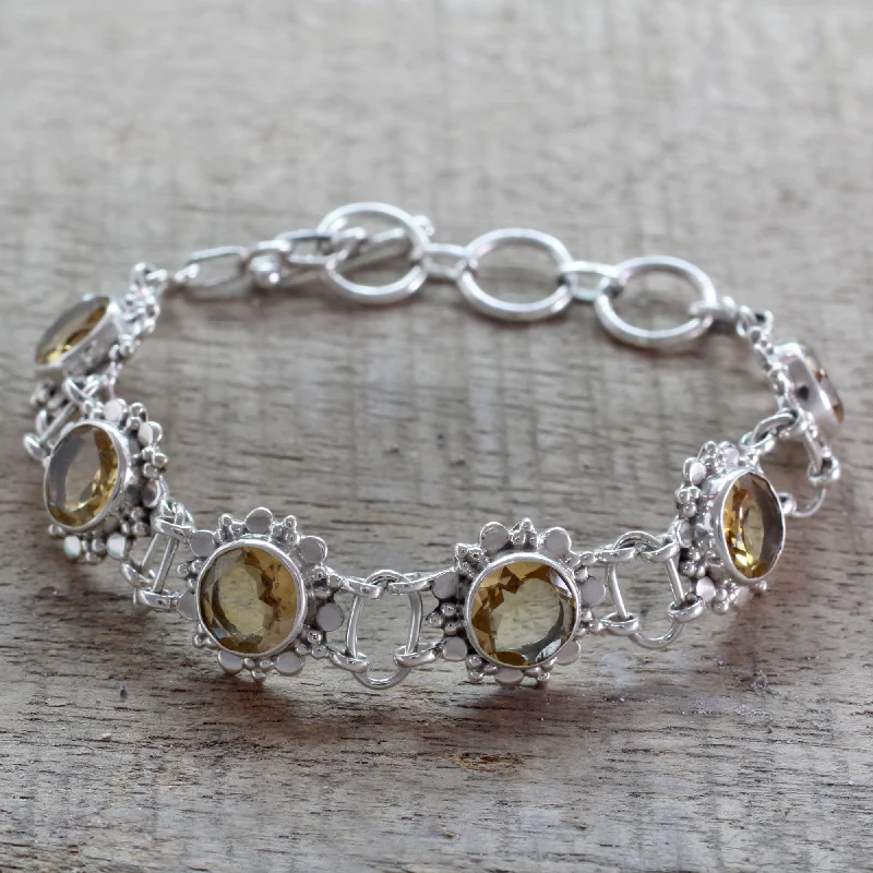 Women's cuff bracelet set-Hindu Sunflowers Citrine & Silver Link Bracelet