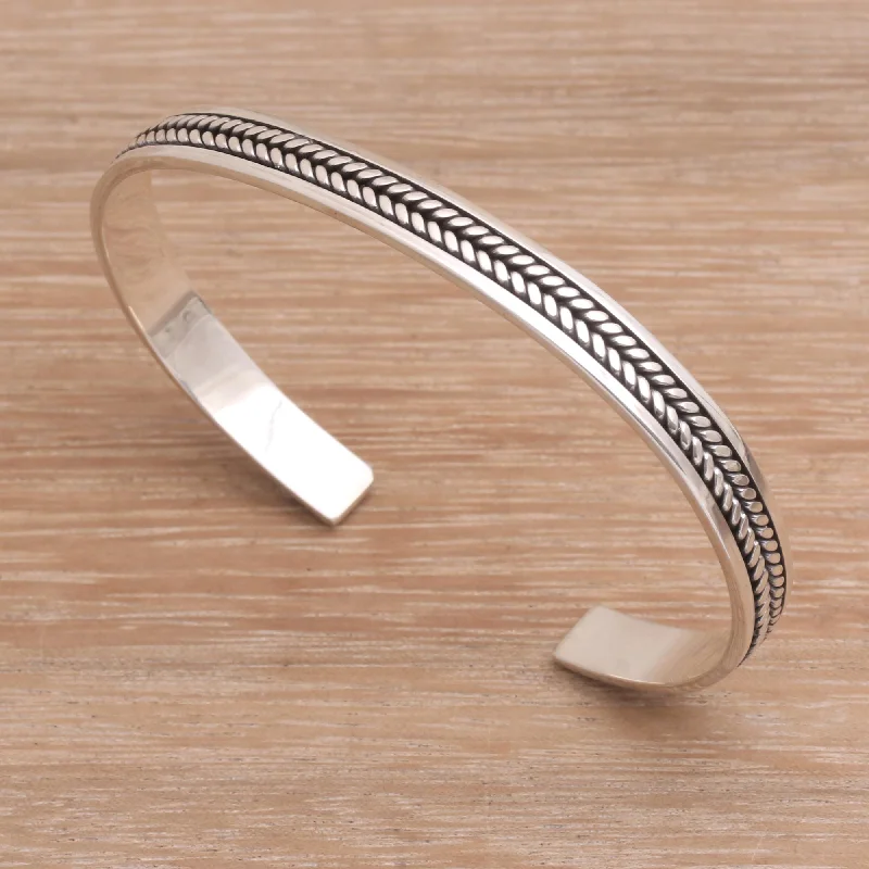 Women's gemstone bangle-Ancient Weave Sterling Silver Cuff Bracelet Handmade in Bali