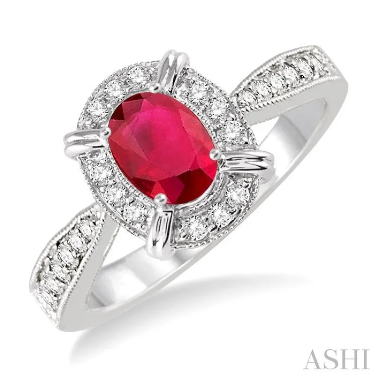 Women’s matching engagement ring-6x4 MM Oval Shape Ruby and 1/6 Ctw Single Cut Diamond Ring in 10K White Gold