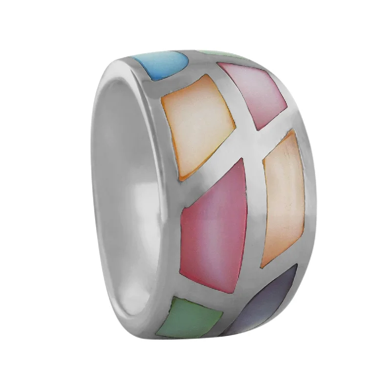 Retro style women’s ring-Sterling Silver Multi Color Mother of Pearl Tapered Band Ring