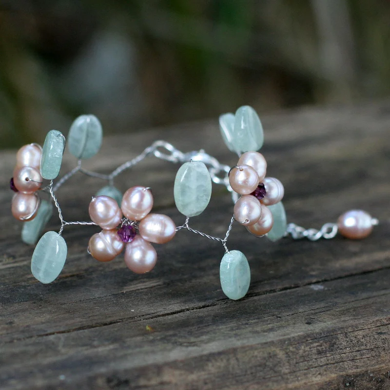 Women's elegant bangle-Lilac Dream Quartzite & Pearl Silver Plated Beaded Bridal Bracelet