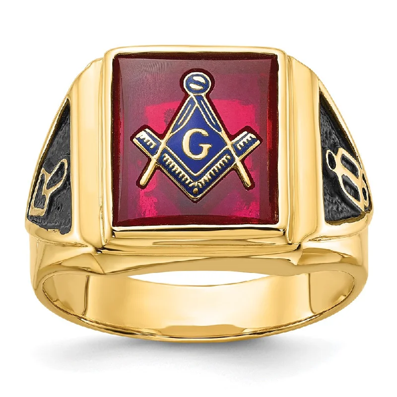 Women’s vintage ring designs-Solid 14k Yellow Gold Men's Synthetic Simulated Ruby Masonic Ring