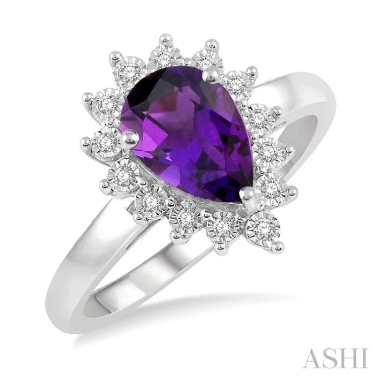 Women’s affordable gemstone engagement ring-1/10 Ctw Pear Shape 9x6mm Amethyst & Round Cut Diamond Semi Precious Ring in 10K White Gold