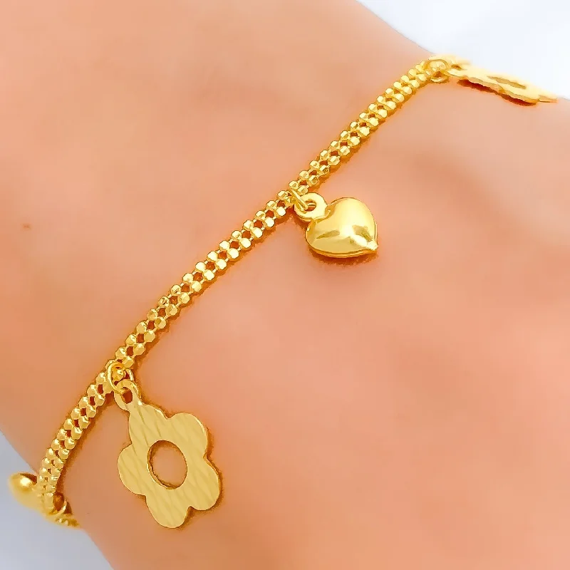 Women's vintage bracelet-Sparkling 22K Gold Hearts + Flowers Charm Bracelet