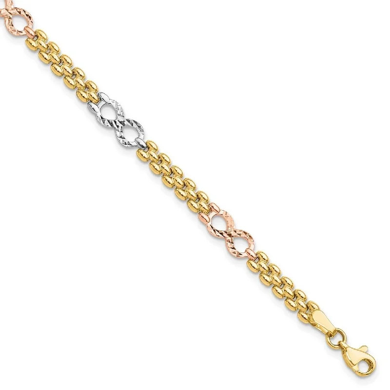 Women's heart-shaped bracelet-Curata 14k Tri color Gold Polished and Textured Infinity Fancy Bracelet 7.5 Inch