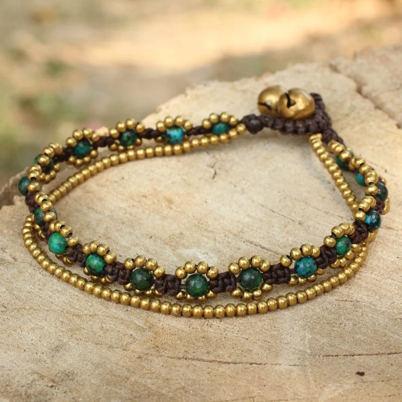 Women's personalized bangles-Serene Forest Hand Knotted Beaded Bracelet with Serpentine and Brass Bells